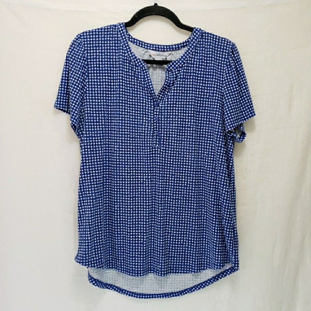 Liz Claiborne Large L Royal Blue White Gingham Polka Dot Henley Short Sleeve Top